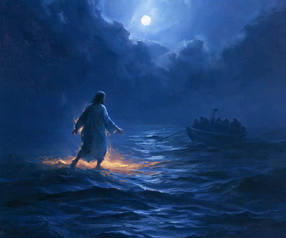 Jesus Walking on Water - Midnight Blue Chiaroscuro - Christian artwork collection