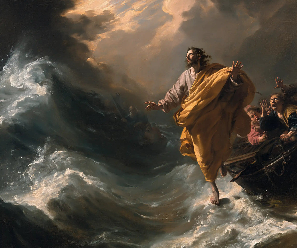 Jesus Christ walking on water in a dramatic landscape Christian artwork