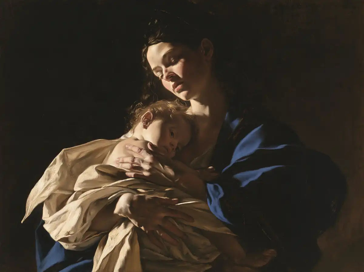 Virgin Mary and Child Jesus - Caravaggio Tenebrism - Christian artwork collection