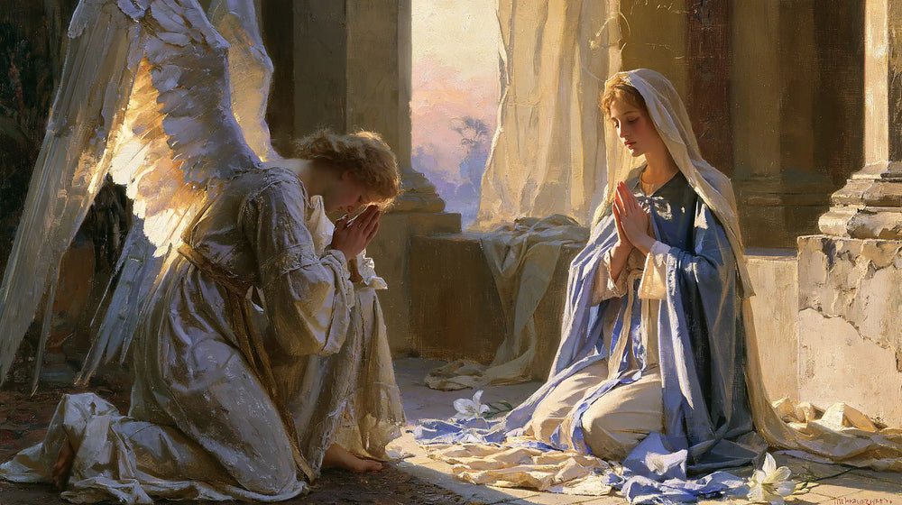 the Annunciation at dawn in The Annunciation at Dawn style, landscape Christian artwork no. 5