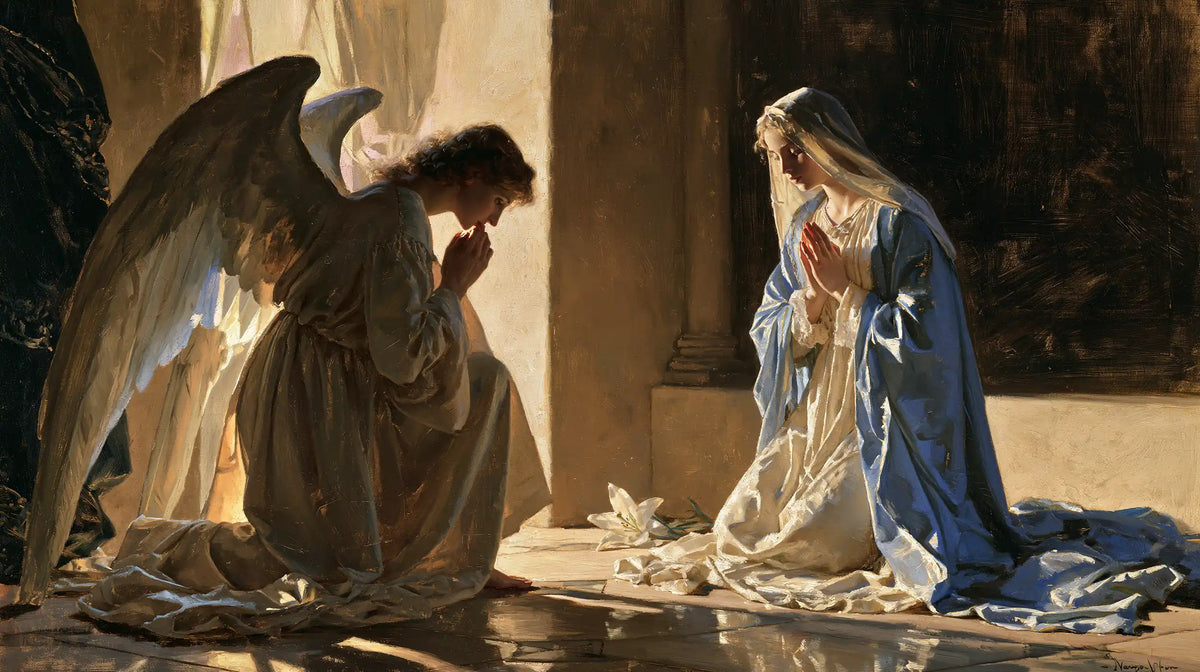 the Annunciation at dawn in The Annunciation at Dawn style, landscape Christian artwork no. 7