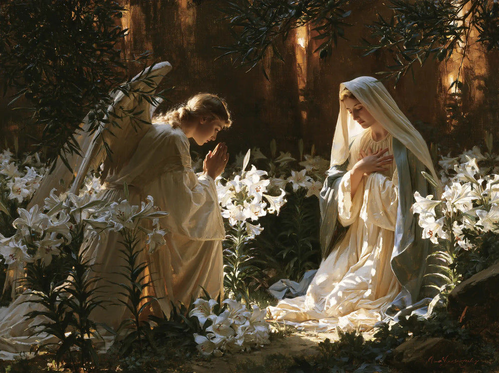 the Annunciation in a garden in The Annunciation in the Garden style, landscape Christian artwork no. 6