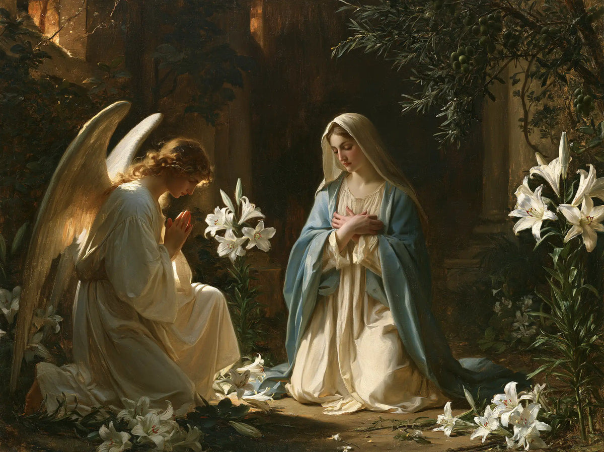 the Annunciation in a garden in The Annunciation in the Garden style, landscape Christian artwork no. 8