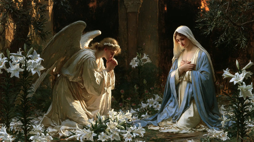 the Annunciation in a garden in The Annunciation in the Garden style, landscape Christian artwork no. 13