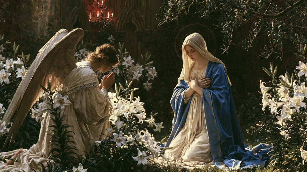 the Annunciation in a garden in The Annunciation in the Garden style, landscape Christian artwork no. 15