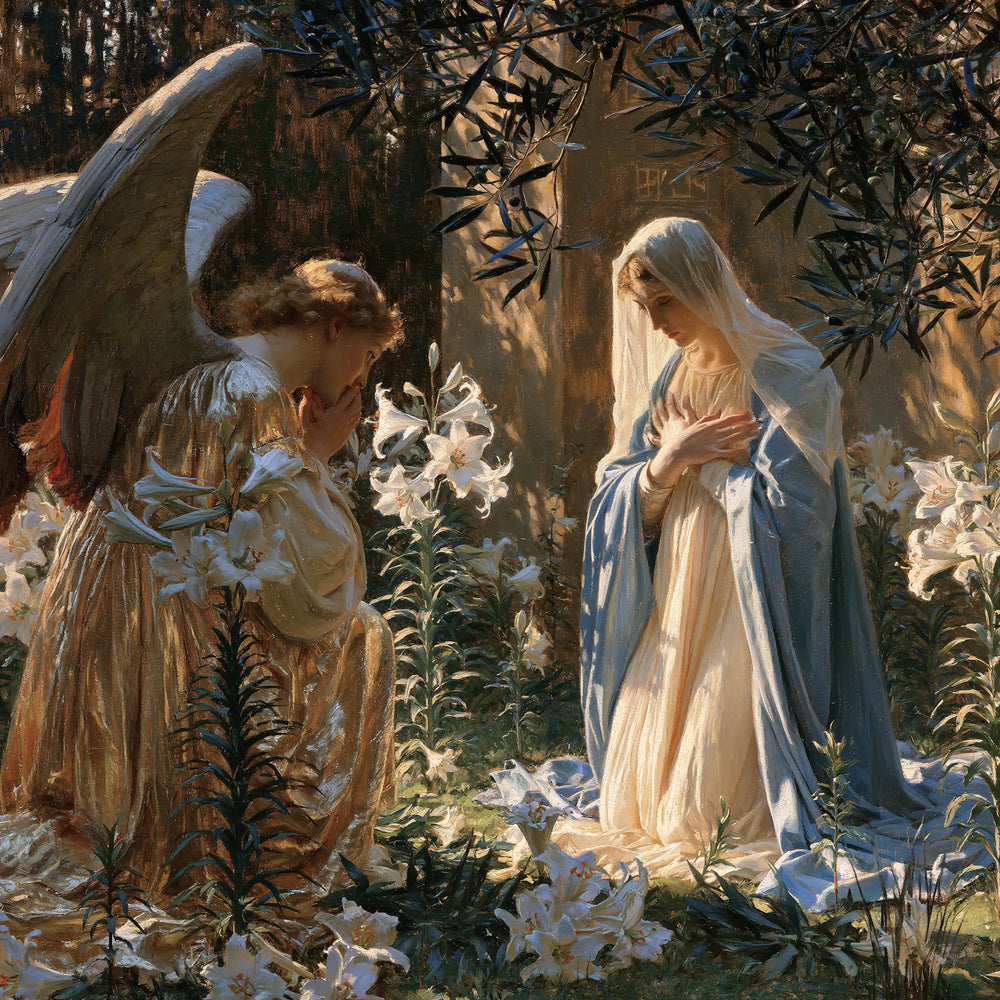 the Annunciation in a garden in The Annunciation in the Garden style, square Christian artwork no. 6