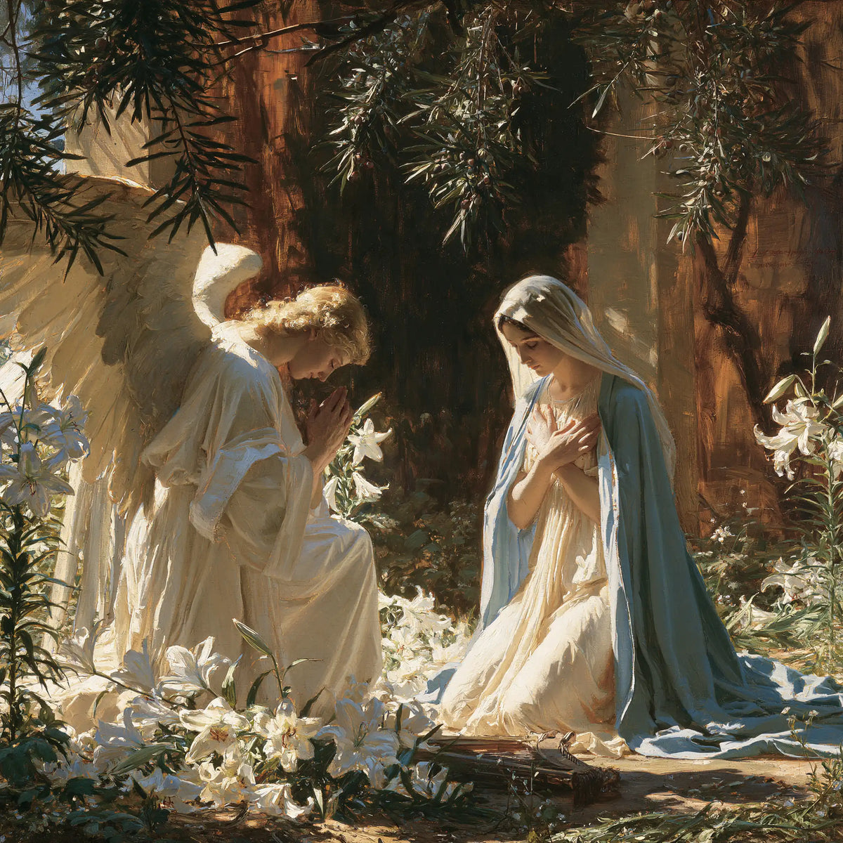 the Annunciation in a garden in The Annunciation in the Garden style, square Christian artwork no. 7