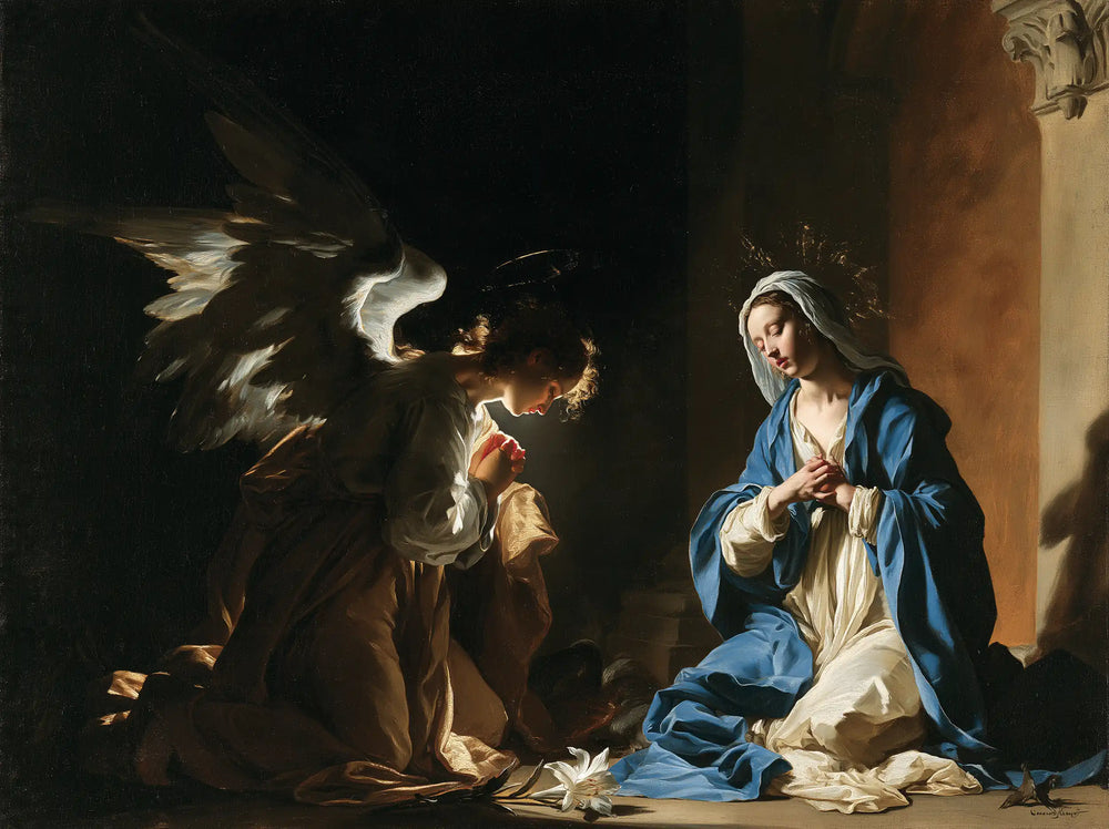 the Annunciation in black and gold in Black and Gold style, landscape Christian artwork no. 3