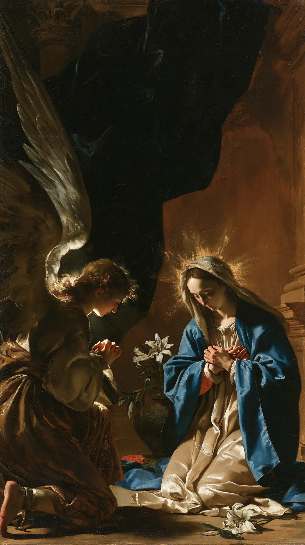 the Annunciation in black and gold in Black and Gold style, portrait Christian artwork no. 1