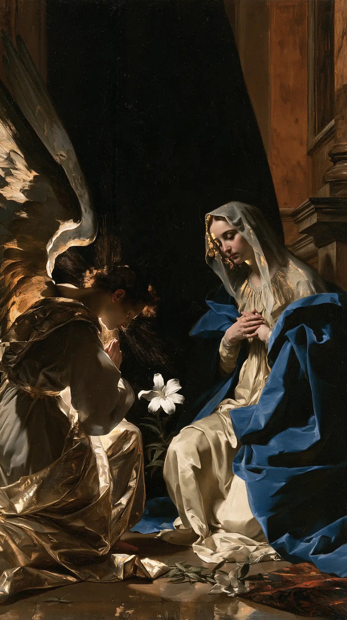 the Annunciation in black and gold in Black and Gold style, portrait Christian artwork no. 5