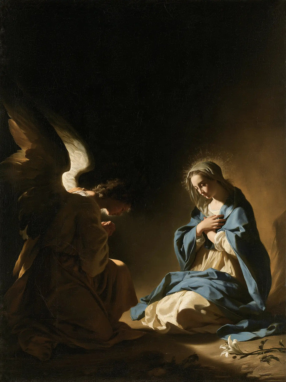 the Annunciation in black and gold in Black and Gold style, portrait Christian artwork no. 12