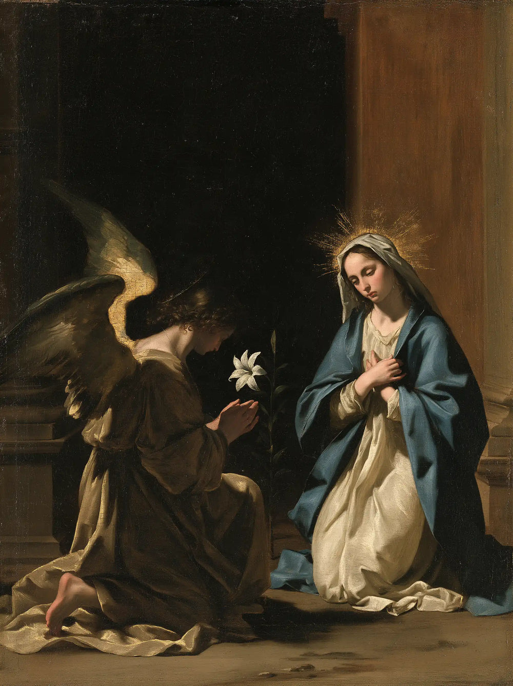 the Annunciation in black and gold in Black and Gold style, portrait Christian artwork no. 22