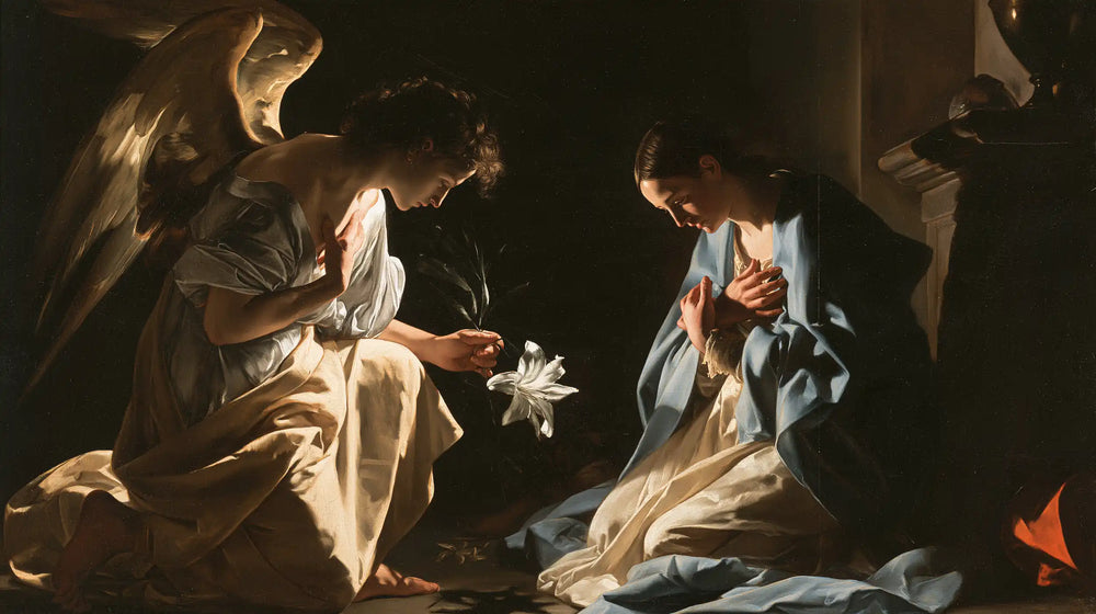 the Annunciation in dramatic chiaroscuro in Caravaggio Tenebrism style, landscape Christian artwork no. 7