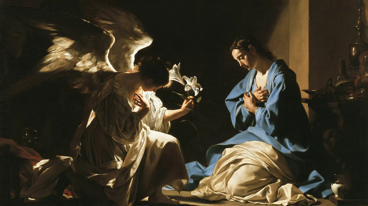 the Annunciation in dramatic chiaroscuro in Caravaggio Tenebrism style, landscape Christian artwork no. 9