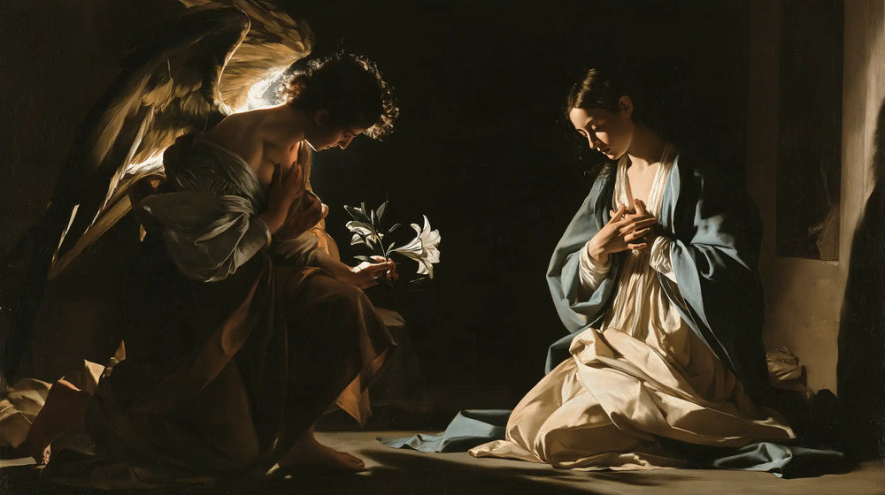 the Annunciation in dramatic chiaroscuro in Caravaggio Tenebrism style, landscape Christian artwork no. 10
