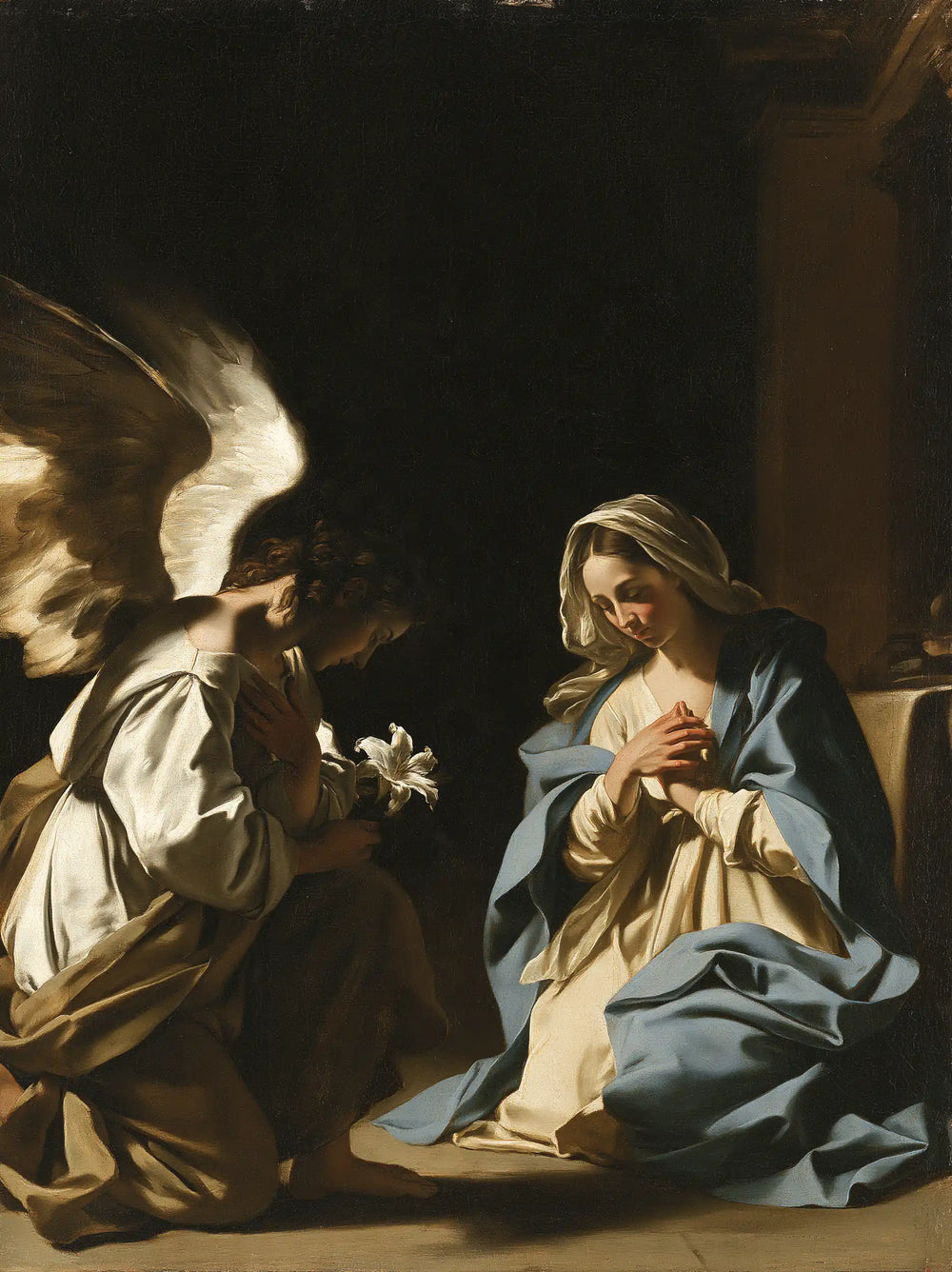 the Annunciation in dramatic chiaroscuro in Caravaggio Tenebrism style, portrait Christian artwork no. 7