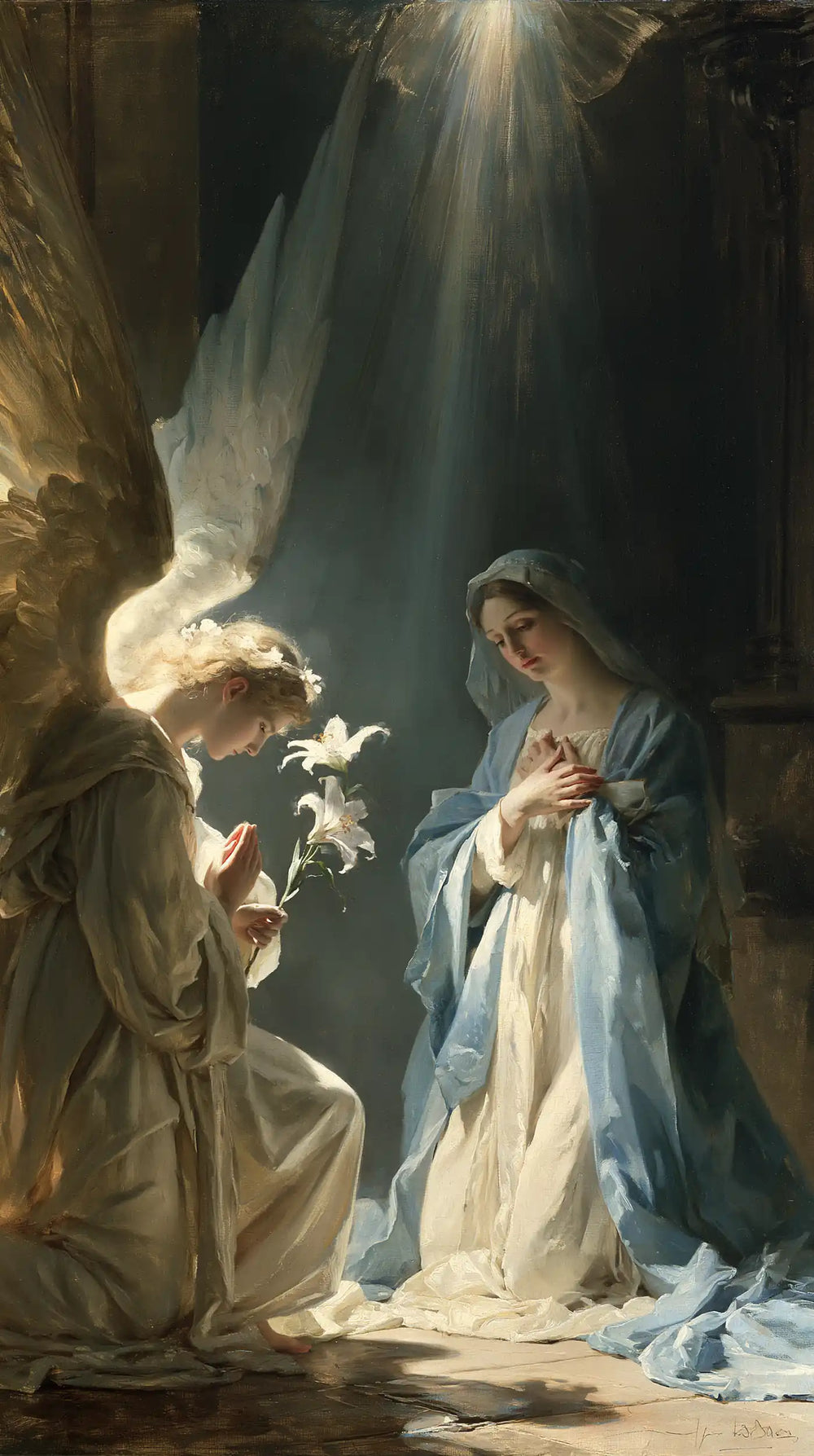 a celestial Annunciation in blue, ivory and gold in Celestial Annunciation in Blue, Ivory and Gold style, portrait Christian artwork no. 10