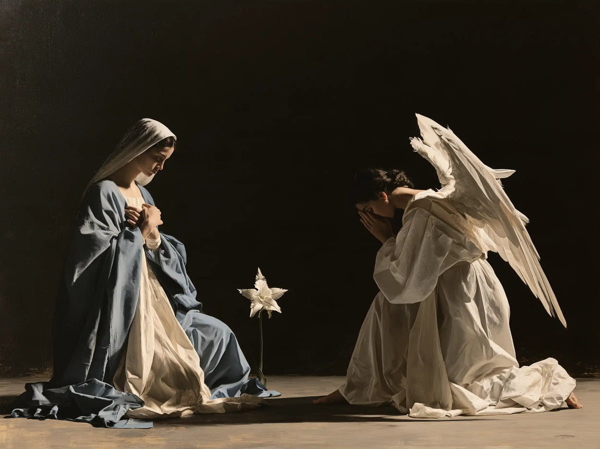 the Annunciation in a minimalist composition in Contemporary Minimalism style, landscape Christian artwork no. 9