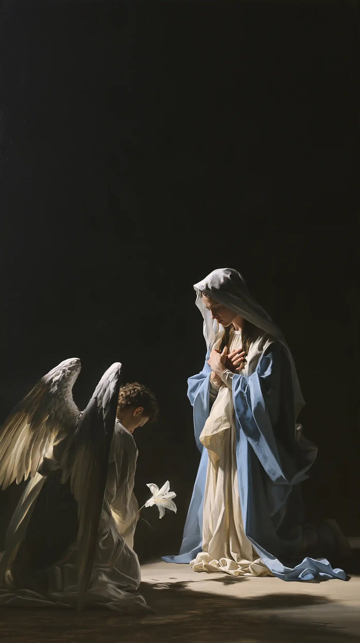 the Annunciation in a minimalist composition in Contemporary Minimalism style, portrait Christian artwork no. 9