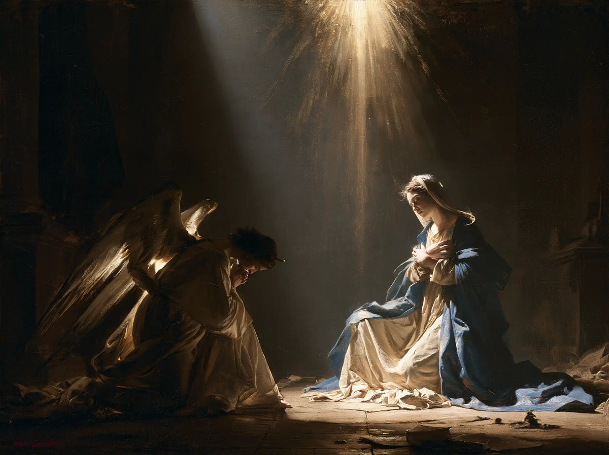 divine light descending upon Mary at the Annunciation in Divine Light Descending upon Mary style, landscape Christian artwork no. 3