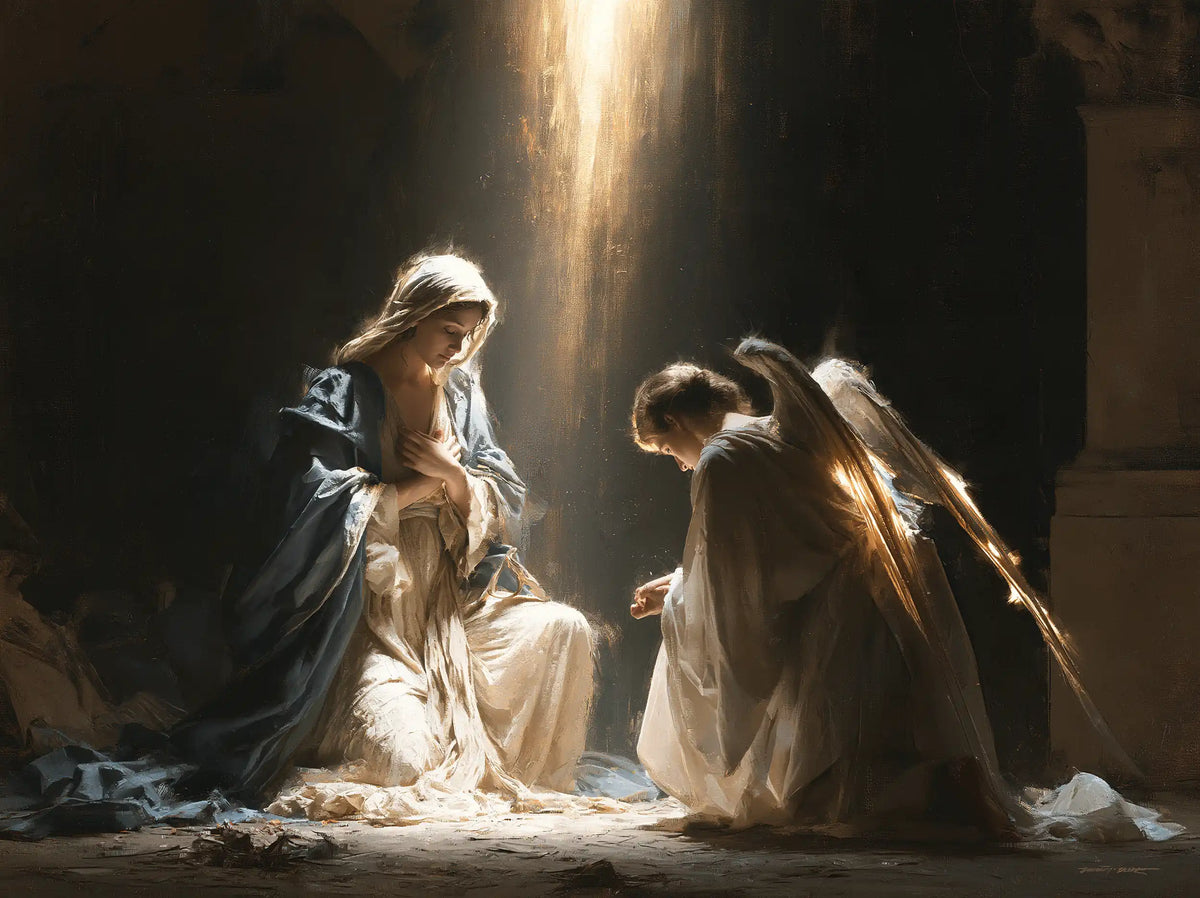 divine light descending upon Mary at the Annunciation in Divine Light Descending upon Mary style, landscape Christian artwork no. 7