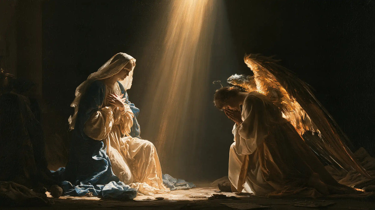 divine light descending upon Mary at the Annunciation in Divine Light Descending upon Mary style, landscape Christian artwork no. 13