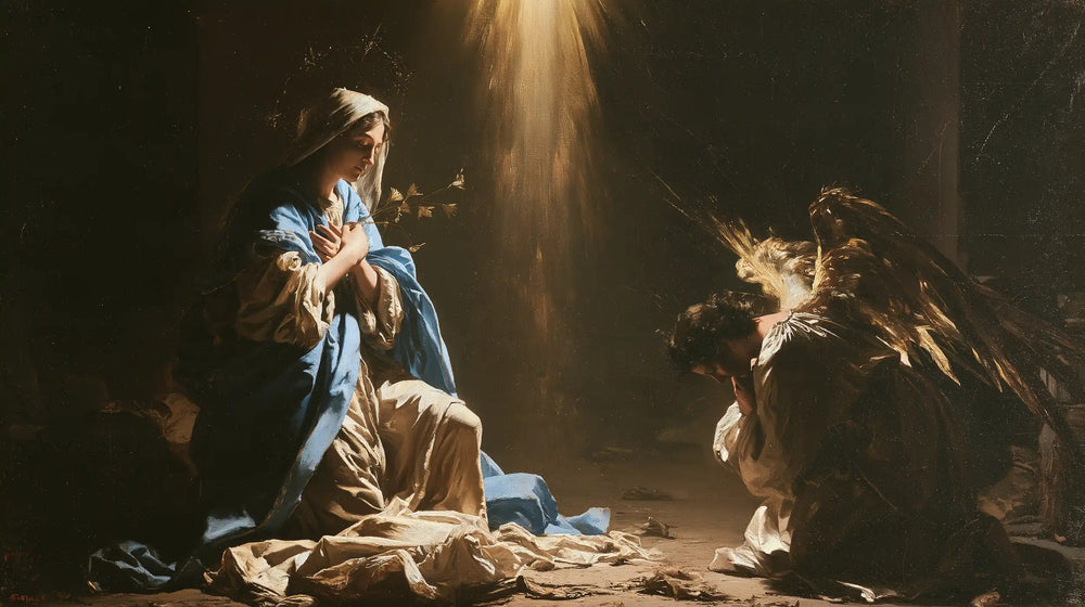 divine light descending upon Mary at the Annunciation in Divine Light Descending upon Mary style, landscape Christian artwork no. 23