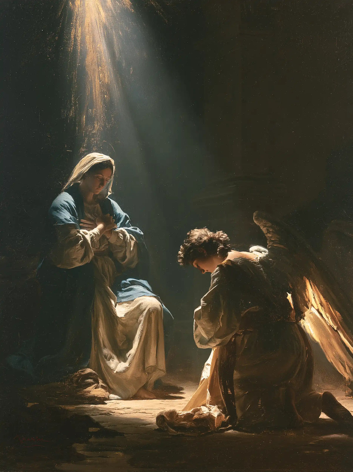 divine light descending upon Mary at the Annunciation in Divine Light Descending upon Mary style, portrait Christian artwork no. 18