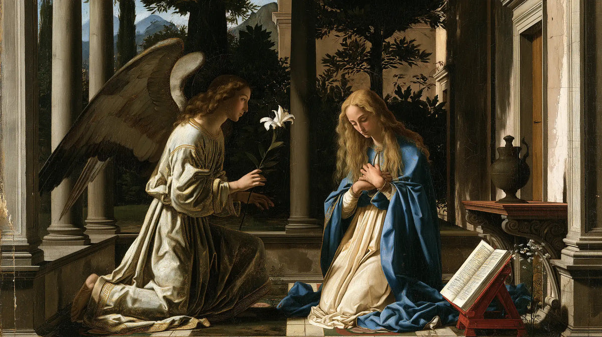 the Annunciation in Florentine Renaissance style in Florentine Renaissance style, landscape Christian artwork no. 9