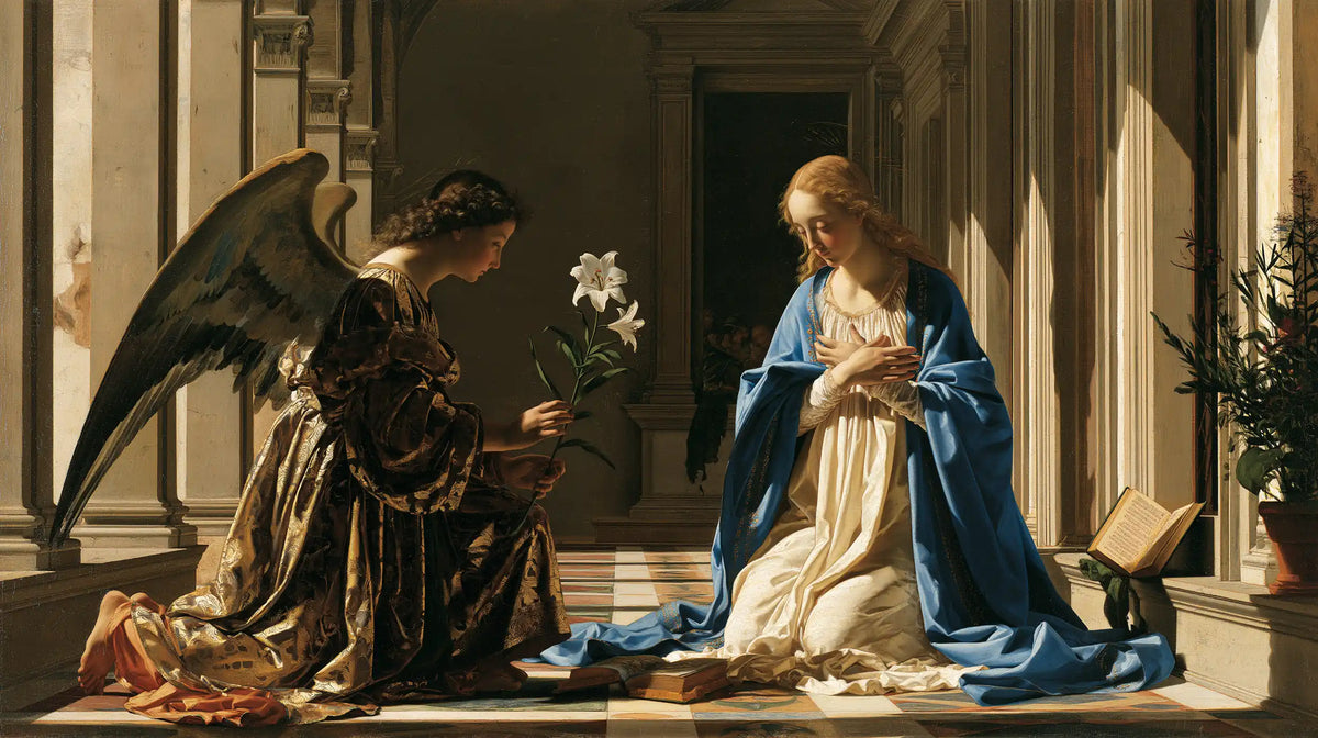 the Annunciation in Florentine Renaissance style in Florentine Renaissance style, landscape Christian artwork no. 10
