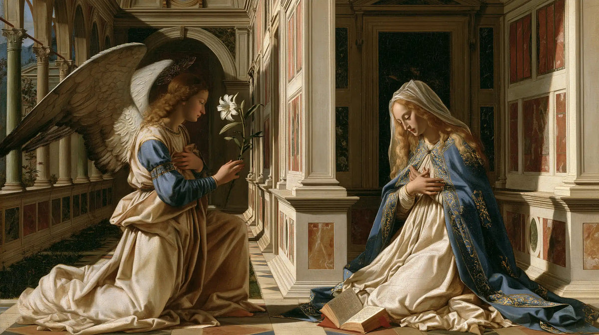 the Annunciation in Florentine Renaissance style in Florentine Renaissance style, landscape Christian artwork no. 16