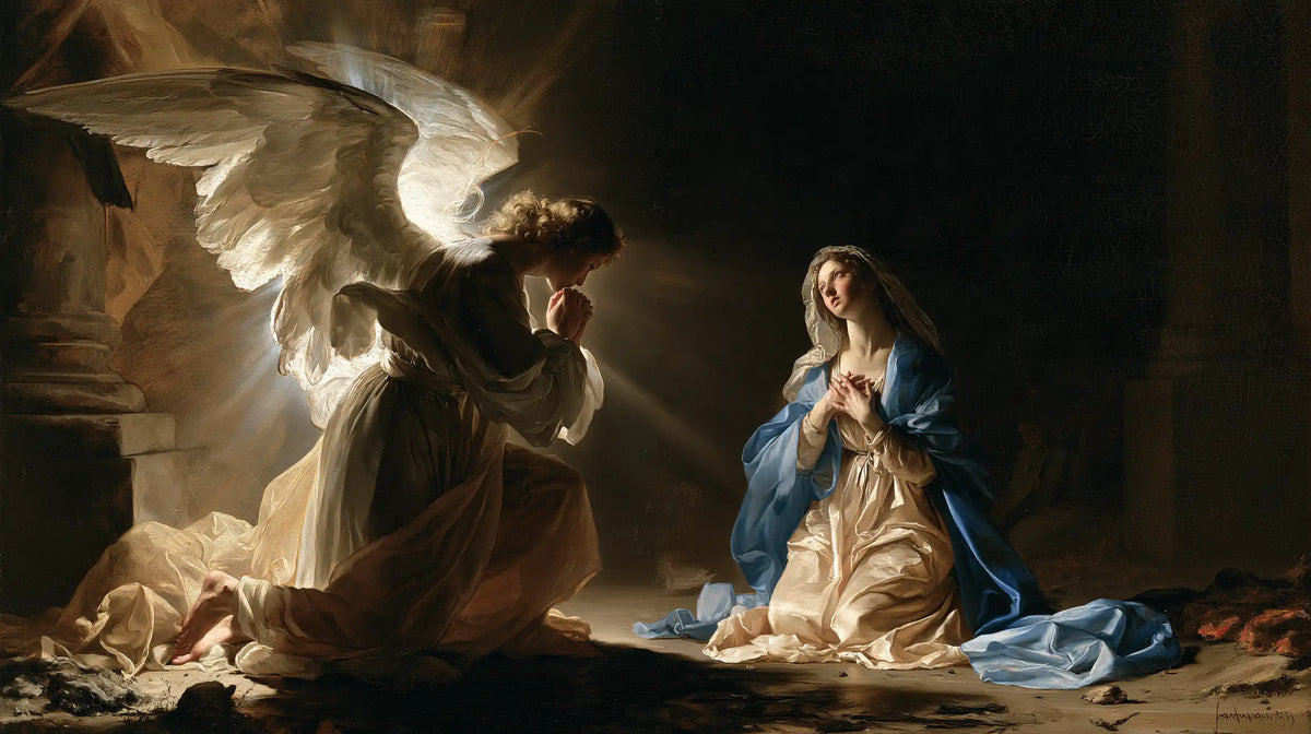 Gabriel in radiant light at the Annunciation in Gabriel in Radiant Light style, landscape Christian artwork no. 5