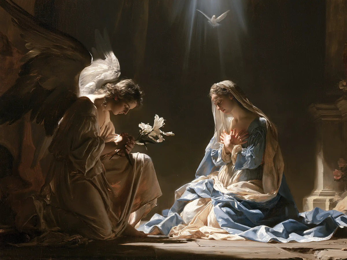 the Annunciation with the Holy Spirit in The Holy Spirit style, landscape Christian artwork no. 4
