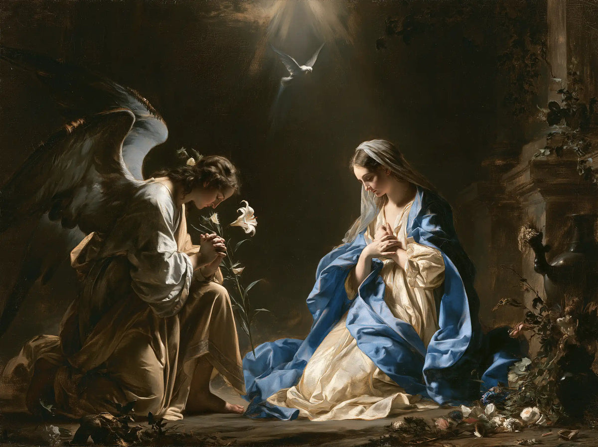 the Annunciation with the Holy Spirit in The Holy Spirit style, landscape Christian artwork no. 7