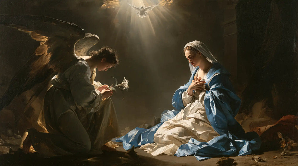 the Annunciation with the Holy Spirit in The Holy Spirit style, landscape Christian artwork no. 16