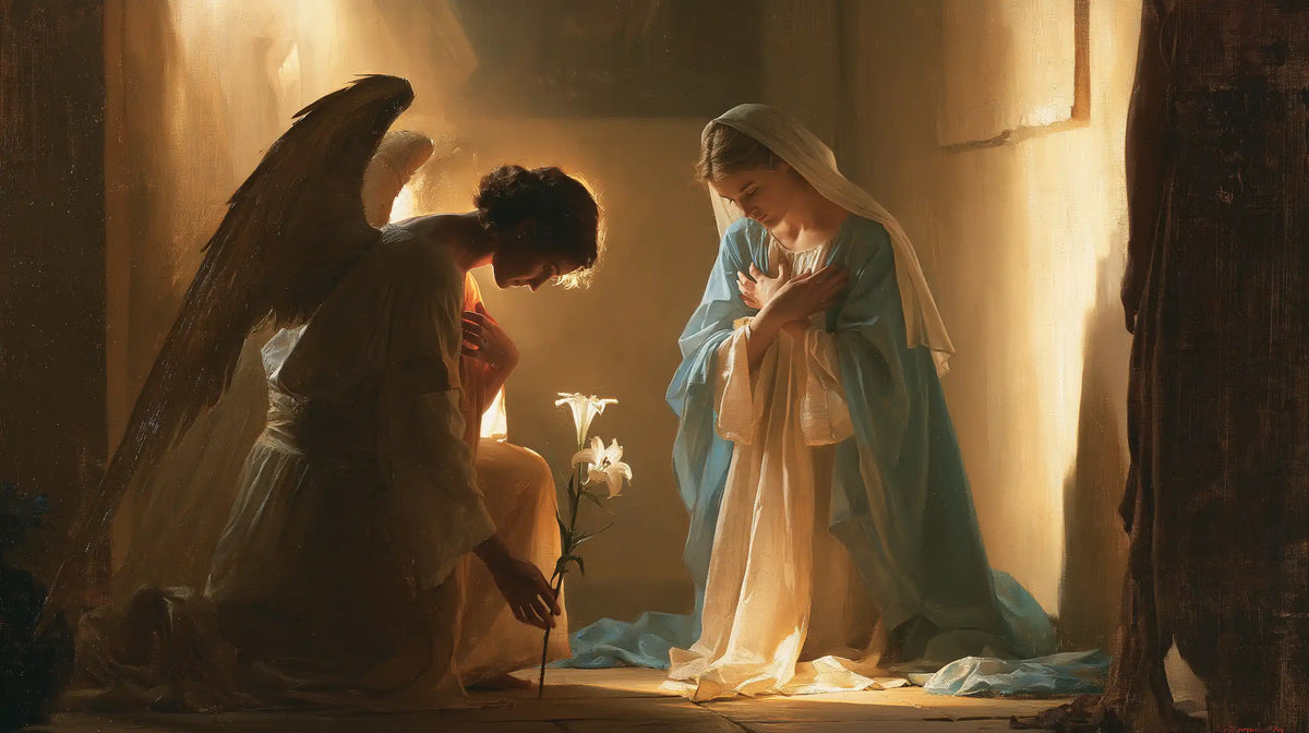 Mary kneeling before Gabriel at the Annunciation in Mary Kneeling before Gabriel style, landscape Christian artwork no. 4