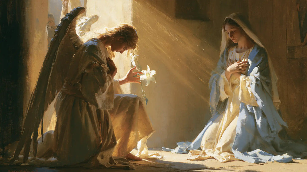 Mary kneeling before Gabriel at the Annunciation in Mary Kneeling before Gabriel style, landscape Christian artwork no. 9
