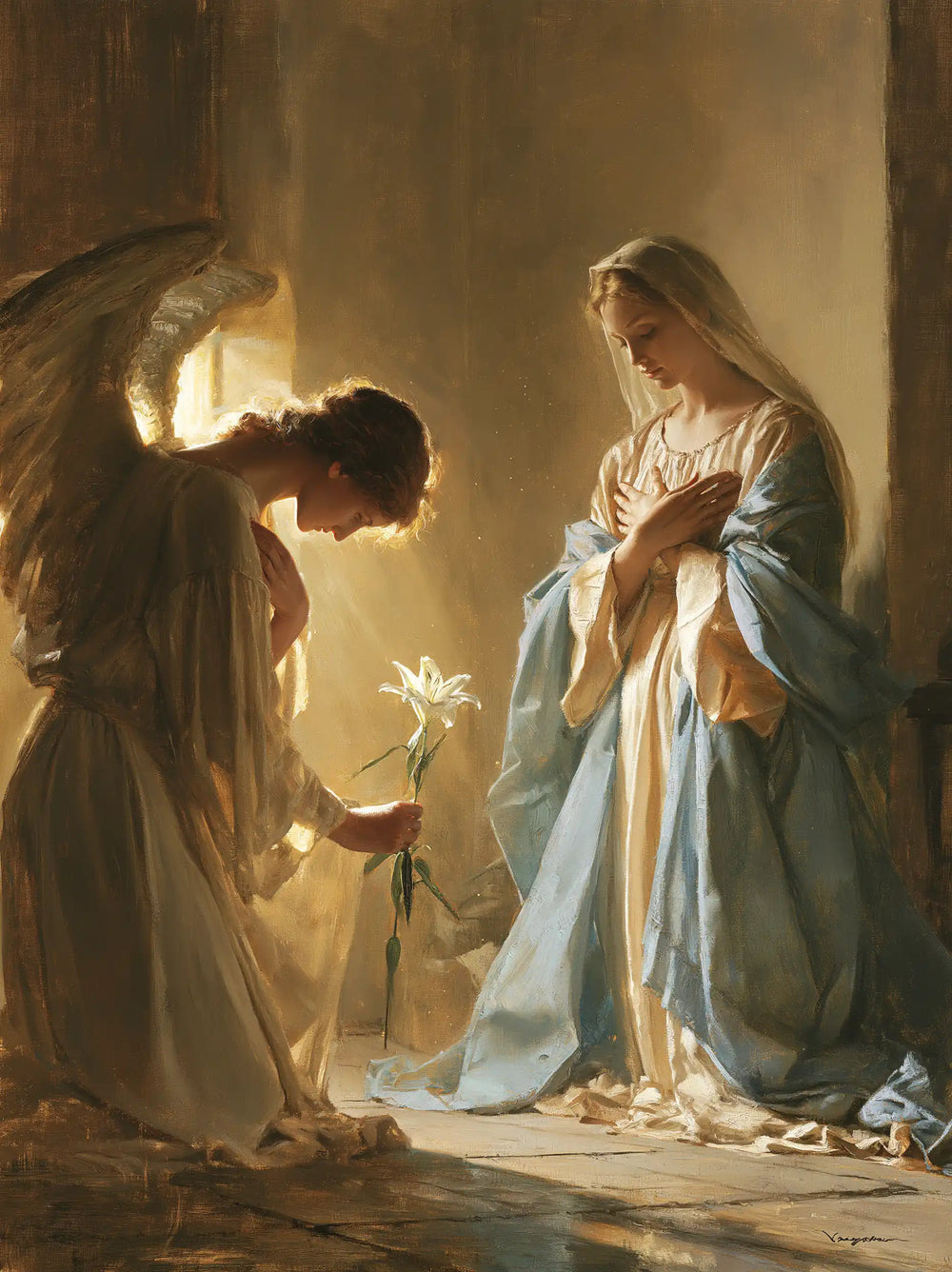 Mary kneeling before Gabriel at the Annunciation in Mary Kneeling before Gabriel style, portrait Christian artwork no. 4