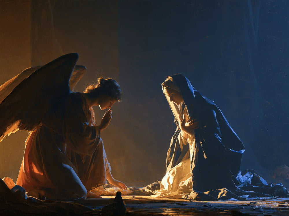 the Annunciation in midnight-blue chiaroscuro in Midnight Blue Chiaroscuro style, landscape Christian artwork no. 2