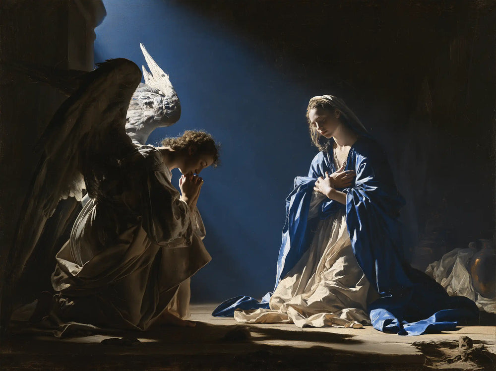 the Annunciation in midnight-blue chiaroscuro in Midnight Blue Chiaroscuro style, landscape Christian artwork no. 3