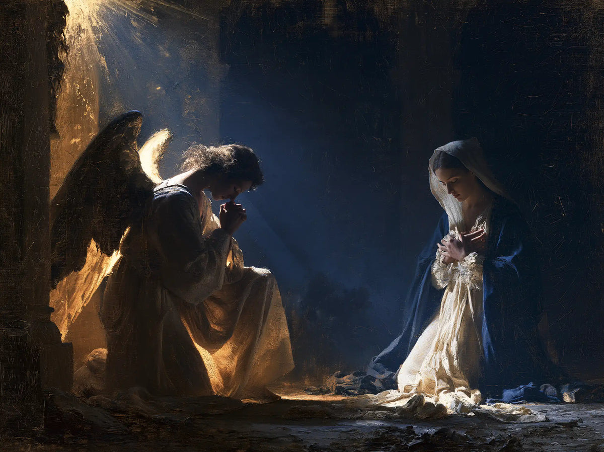 the Annunciation in midnight-blue chiaroscuro in Midnight Blue Chiaroscuro style, landscape Christian artwork no. 4