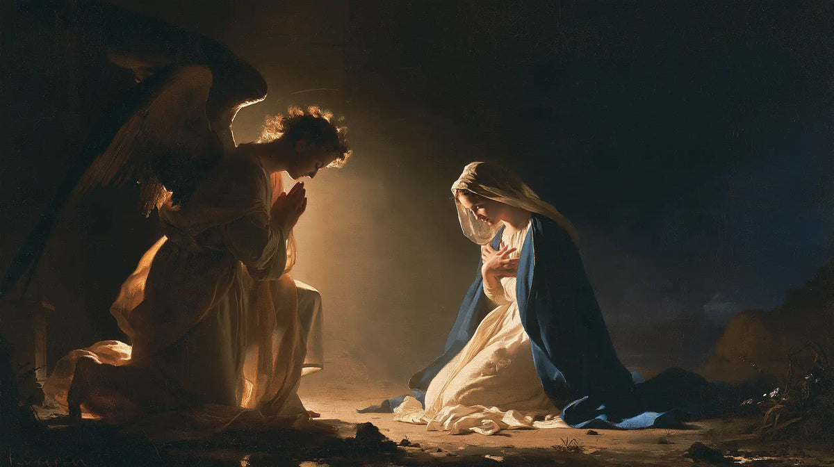 the Annunciation in midnight-blue chiaroscuro in Midnight Blue Chiaroscuro style, landscape Christian artwork no. 12