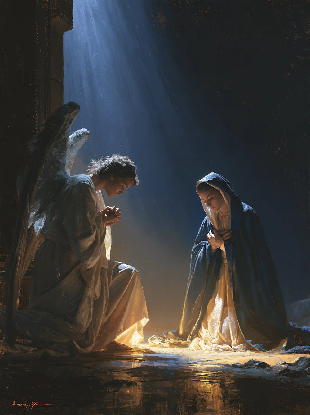the Annunciation in midnight-blue chiaroscuro in Midnight Blue Chiaroscuro style, portrait Christian artwork no. 15