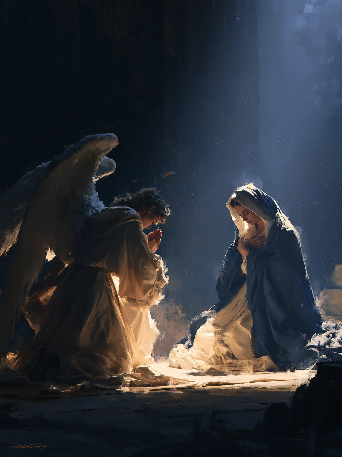 the Annunciation in midnight-blue chiaroscuro in Midnight Blue Chiaroscuro style, portrait Christian artwork no. 17