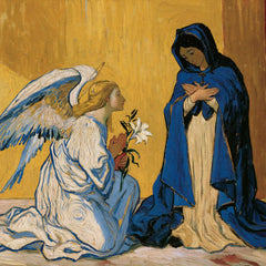 Annunciation in a Quiet Golden Room – Post-Impressionist Art · Square