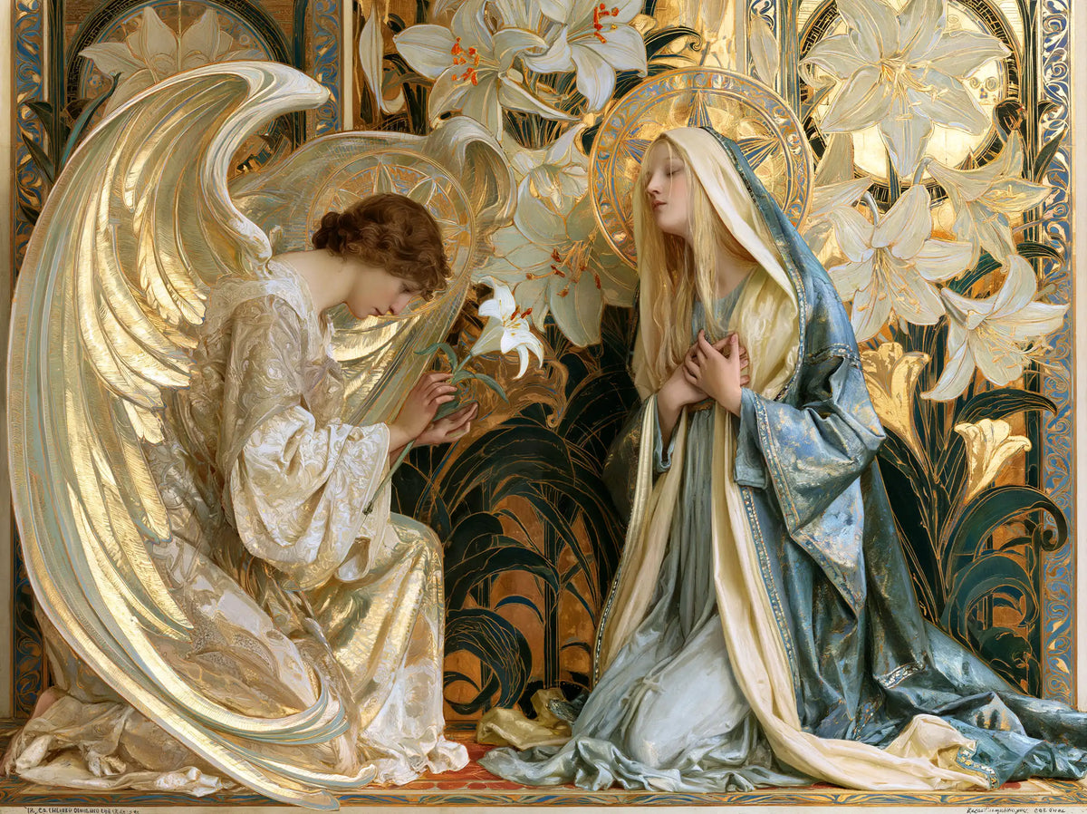 the Annunciation framed by sacred Art Nouveau ornament in Sacred Art Nouveau style, landscape Christian artwork no. 11