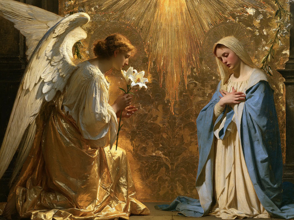 the Annunciation in sacred golden light in Sacred Gold style, landscape Christian artwork no. 1