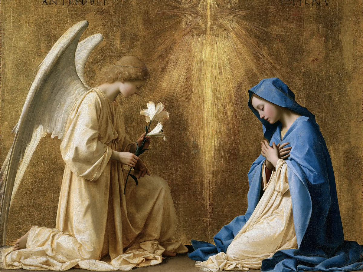 the Annunciation in sacred golden light in Sacred Gold style, landscape Christian artwork no. 4