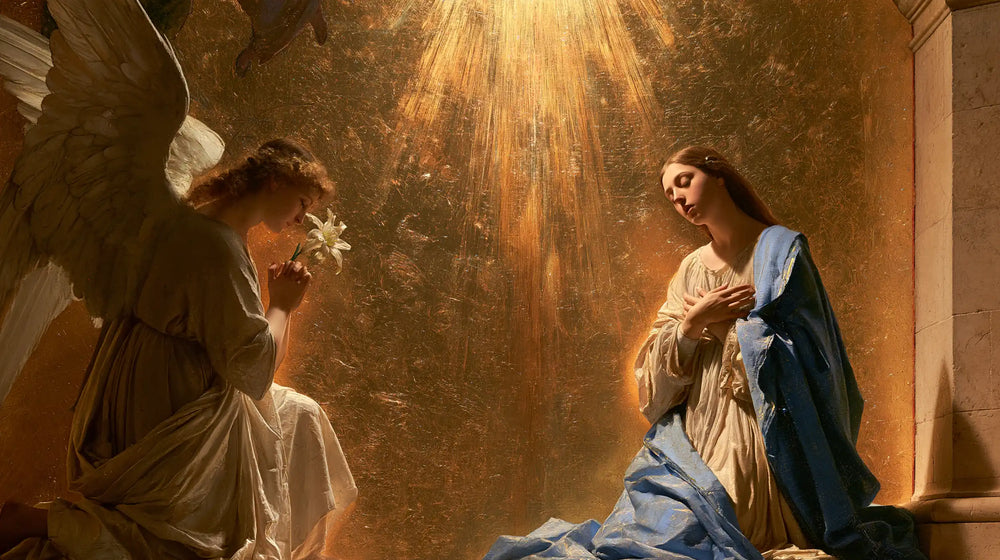 the Annunciation in sacred golden light in Sacred Gold style, landscape Christian artwork no. 13
