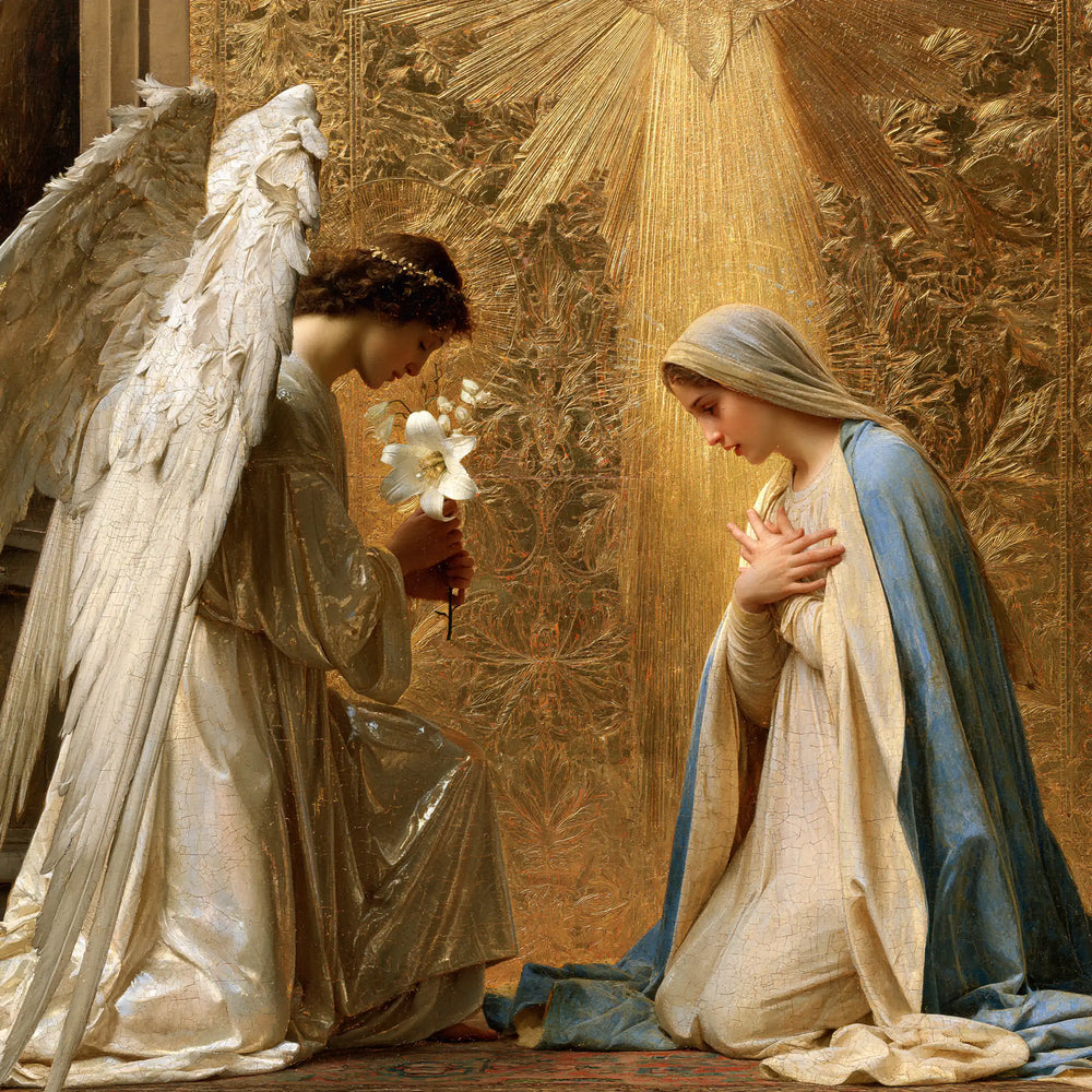 the Annunciation in sacred golden light in Sacred Gold style, square Christian artwork no. 3